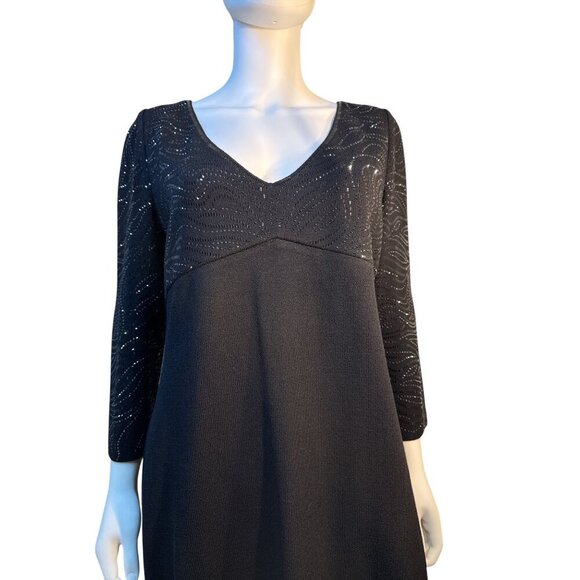 St. John Bodycon V-Neck Dress With Rhinestone Embellished Top Black Size 12 EUC - Picture 2 of 8
